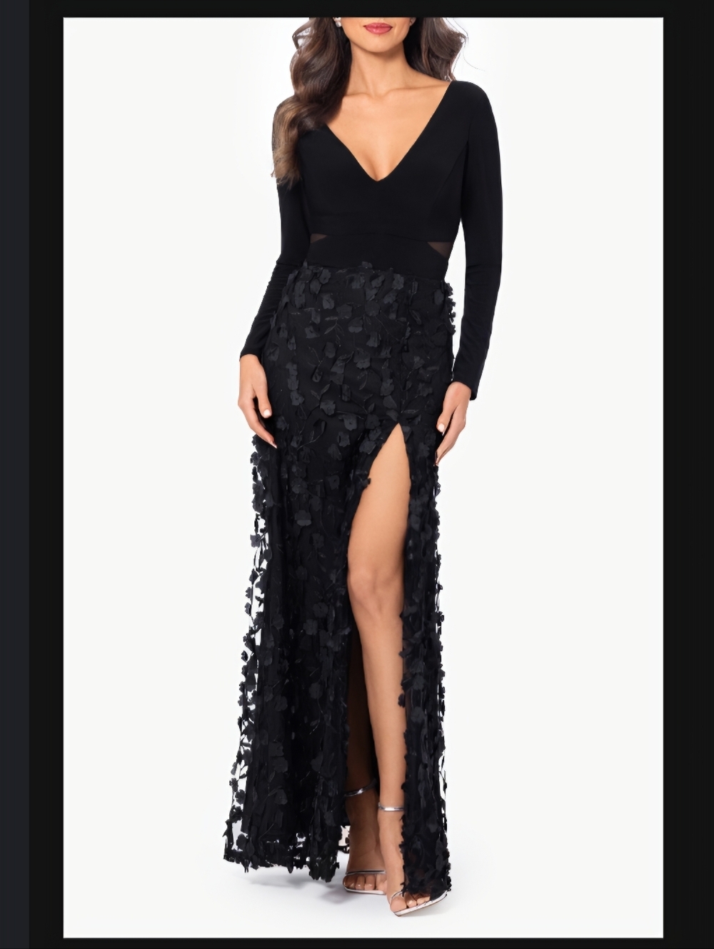 Xscape Black Long Sleeve V-Neck Dress with Floral Appliqué Skirt